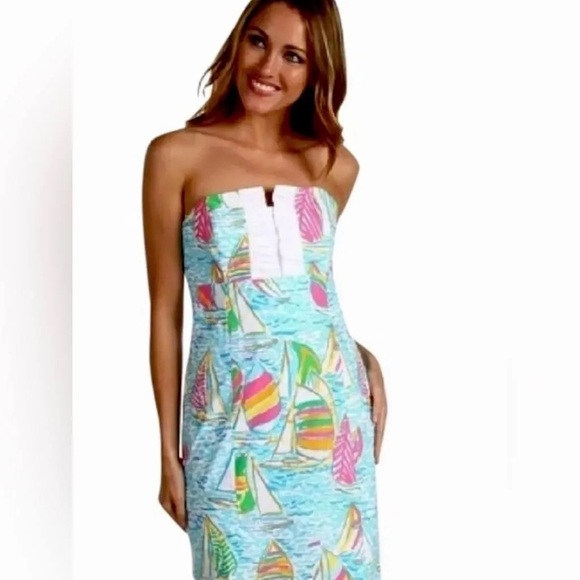 Lilly Pulitzer Franco Dress in You Gotta Regatta Ruffle Back Tie Strapless Dress - Picture 2 of 15